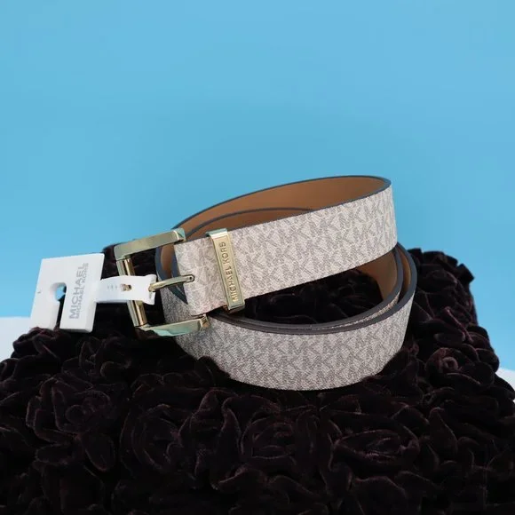 Michael Kors Vanilla Logo Signature Faux Leather Gold Buckle Belt, Size Large - Picture 1 of 14